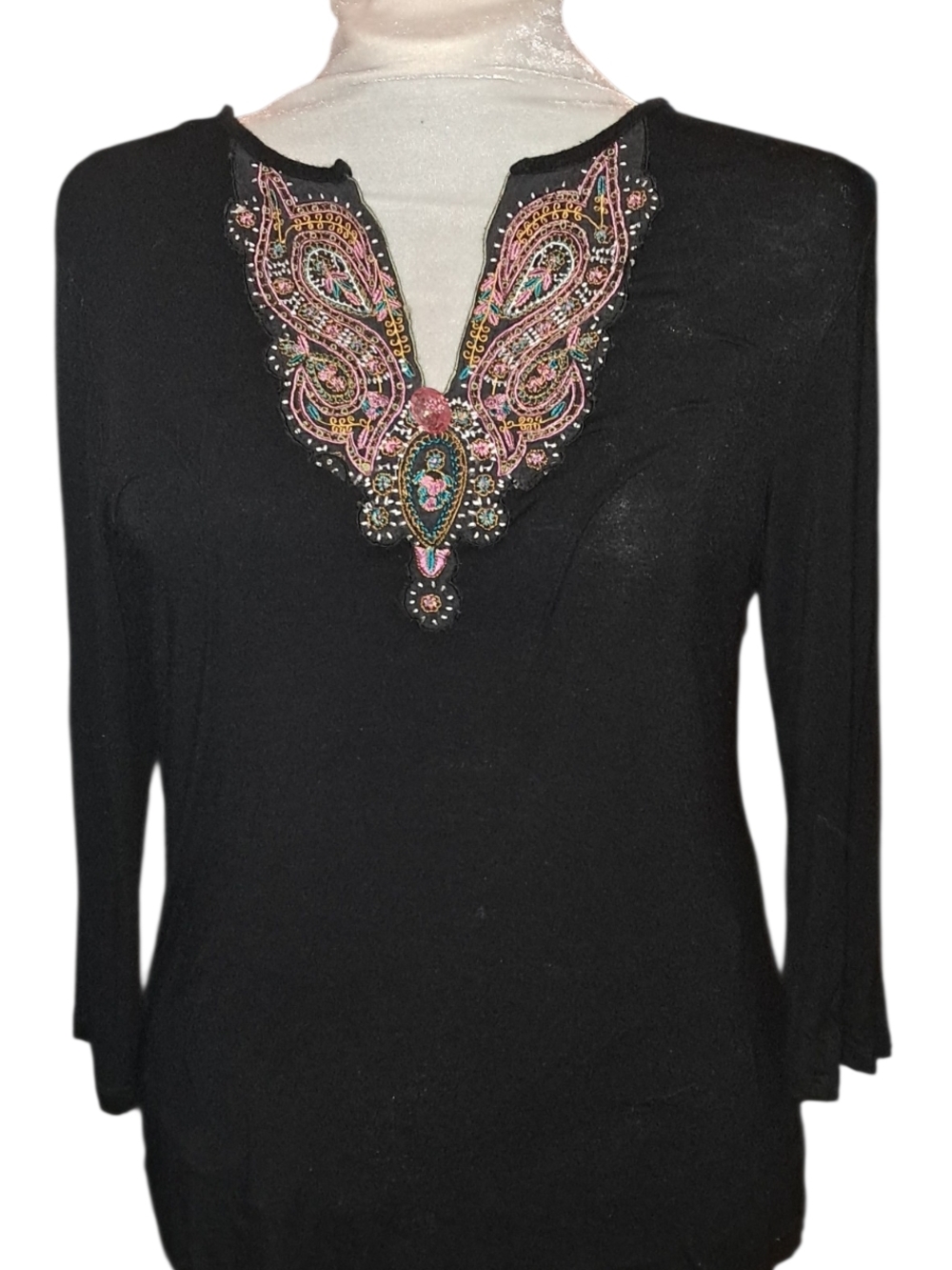 Black Embellished V-Neck Tunic with Pink & Teal Embroidery